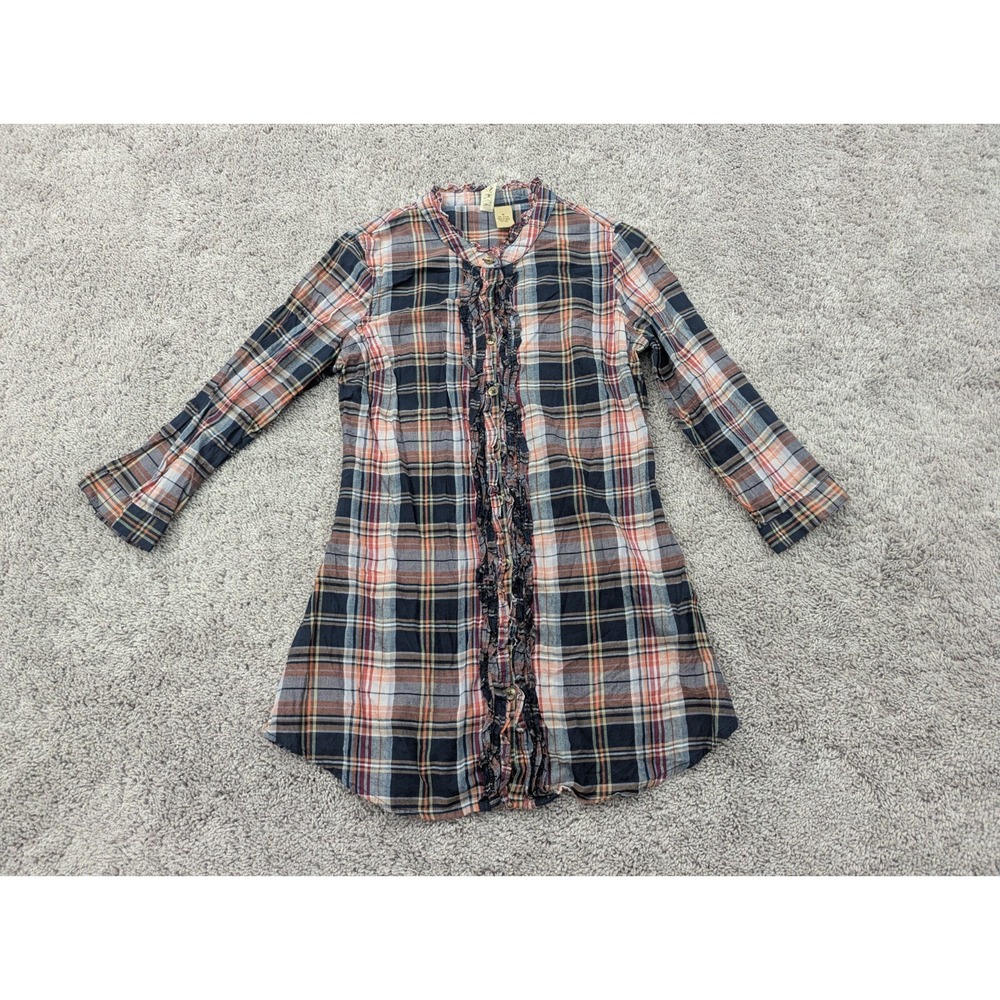 BKE‎ Shirt Dress Womens Medium Long Sleeve Ruffle Plaid Brown Button Up Casual